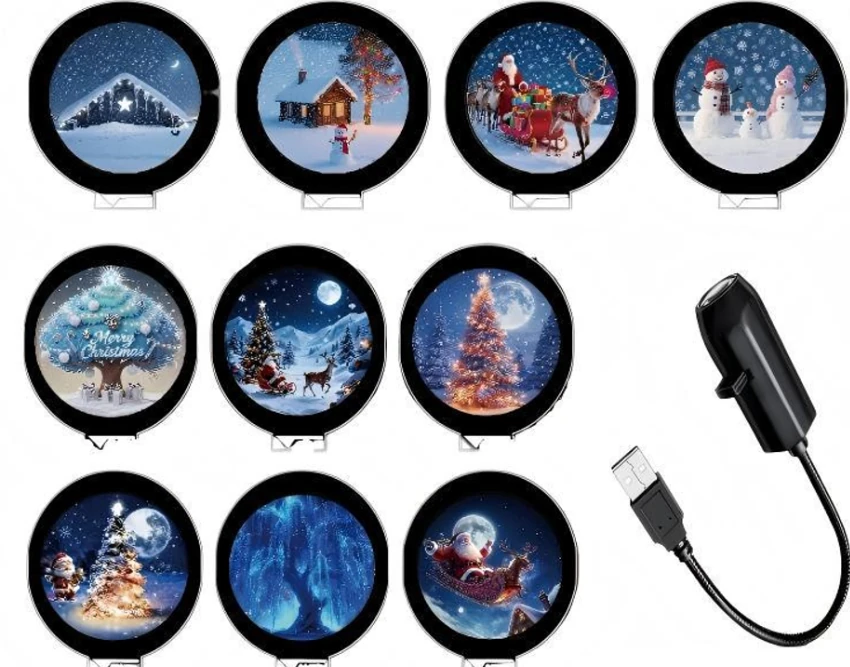 Black Christmas USB projector and its ten Christmas scene cards.