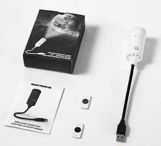 White cylindrical USB flexible-neck projector with box and two scene slides.