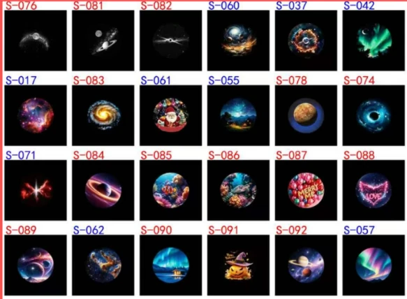 24-scene image grid for the ocean projector kit, including galaxy, ocean, and holiday scenes.