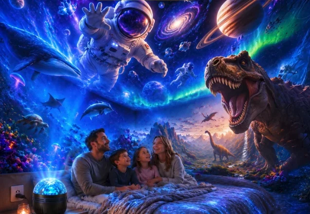 Ocean, space, and dinosaur family-room concept illustration; not actual projector output.